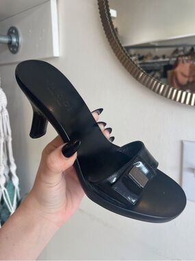 Gucci Black Patent Leather Open-Toe Kitten Heel Mule